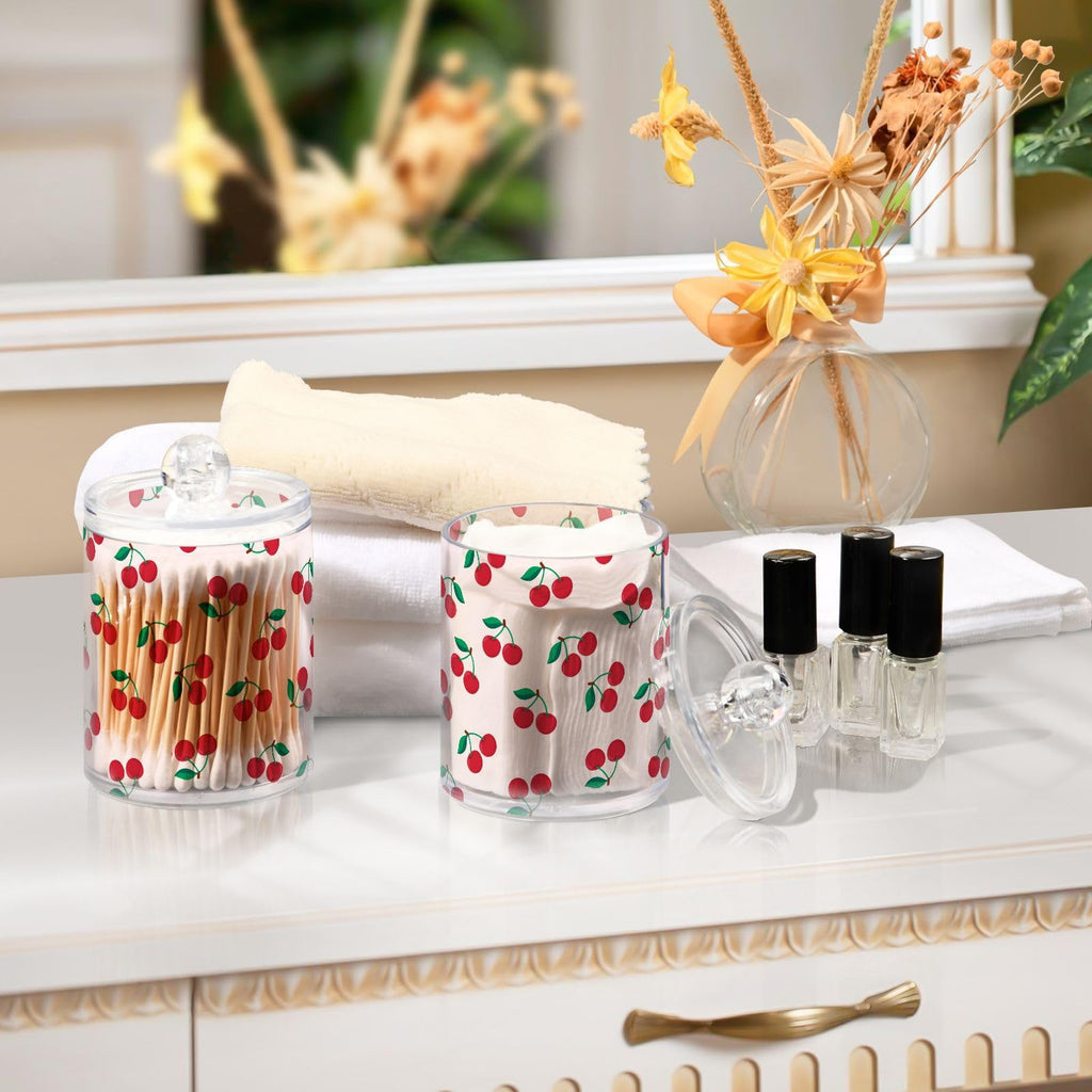 Cute Cherry Fruit Apothecary Jar with Lids - Qtip Holder Clear Plastic Containers Bathroom