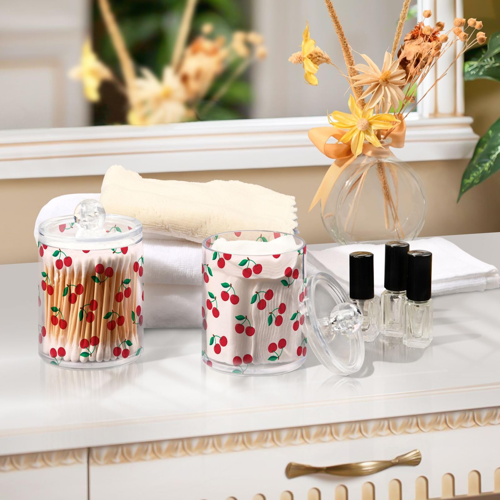 Cute Cherry Fruit Apothecary Jar with Lids - Qtip Holder Clear Plastic Containers Bathroom
