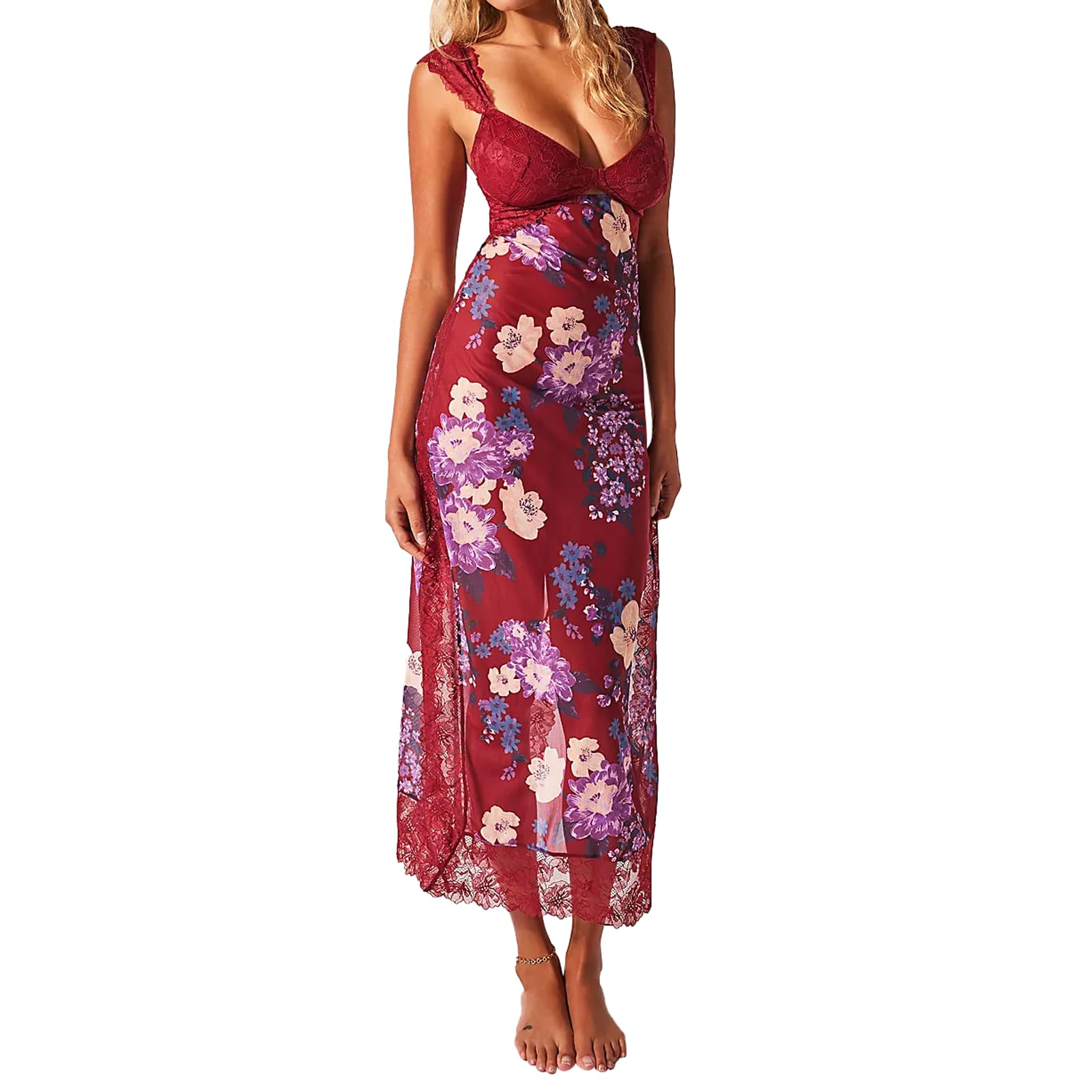 Women Sleeveless Maxi Dress Backless Bodycon Floral Printed Spaghetti Strap Long Dress Sheer Mesh Summer One-Piece
