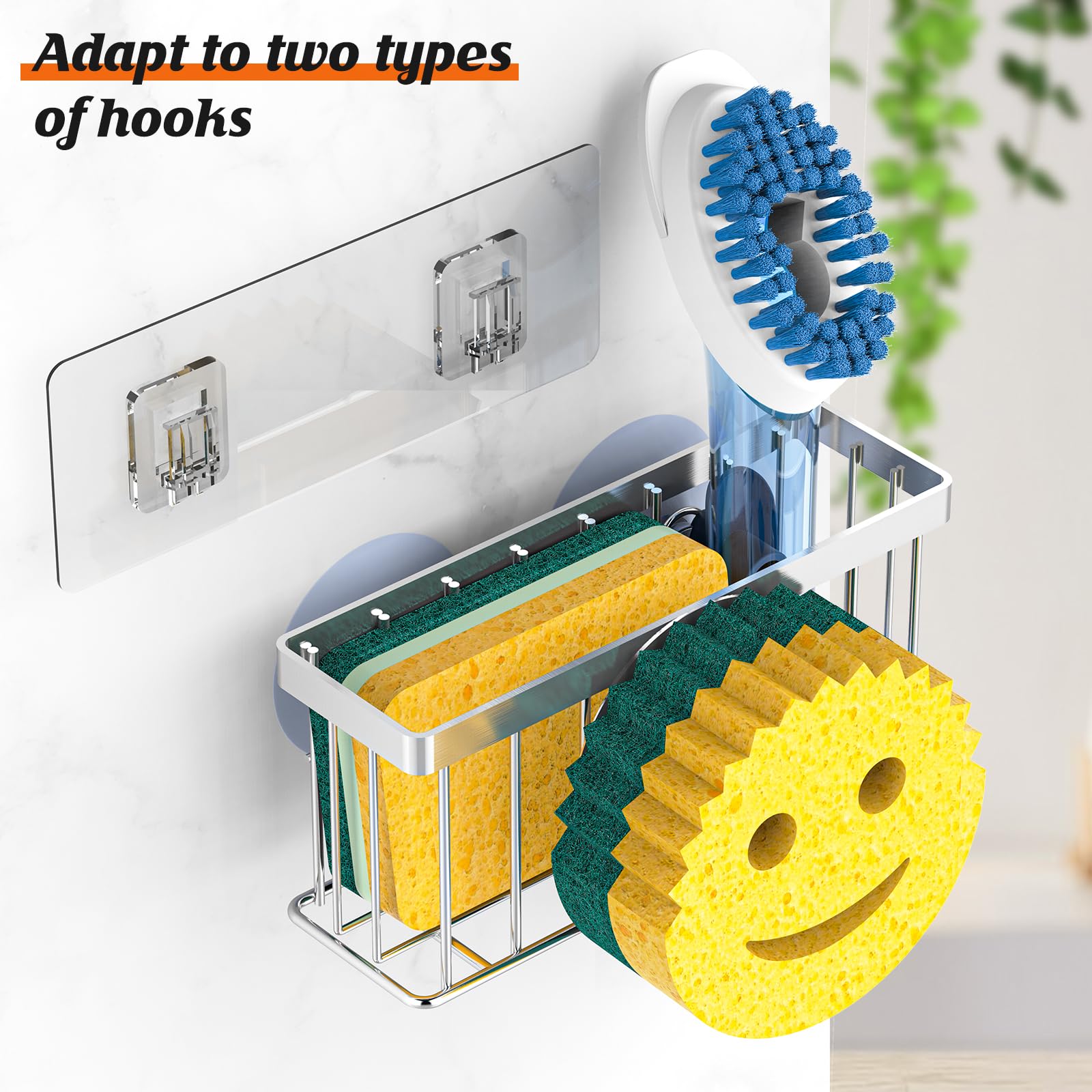 Sponge Holder Smiley Face, Sink Caddy for Kitchen Organizer Sponge Holder with 2 PCS Suction Cups/1 PCS Adhesive Strips