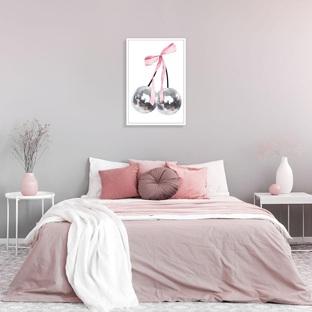 Trendy Pink Bow Disco Ball Posters White Cherry Canvas Wall Art Funky Coquette Bow Ribbon Preppy Aesthetic Prints Painting