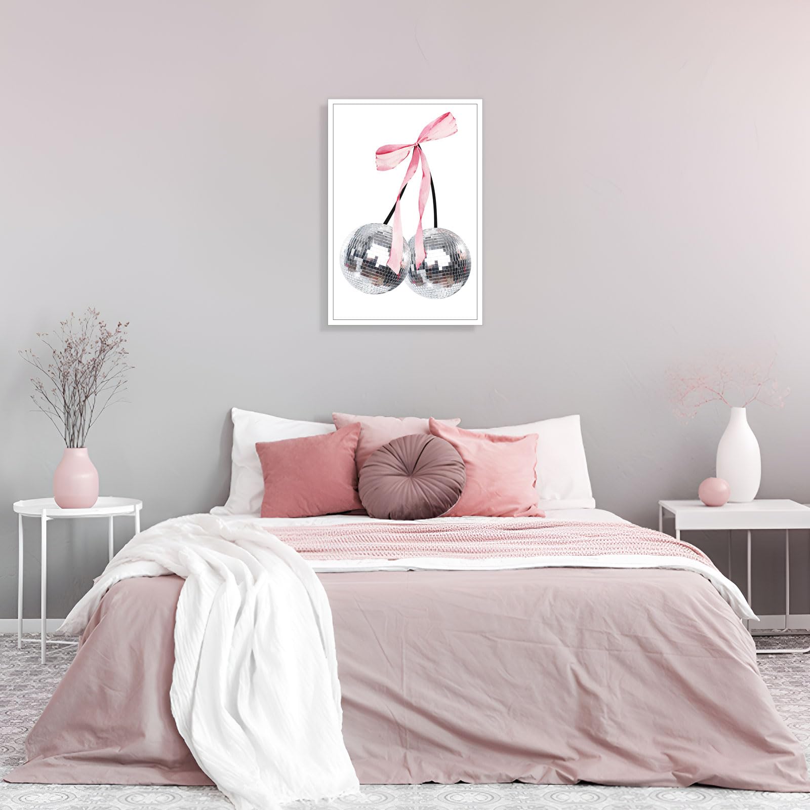 Trendy Pink Bow Disco Ball Posters White Cherry Canvas Wall Art Funky Coquette Bow Ribbon Preppy Aesthetic Prints Painting