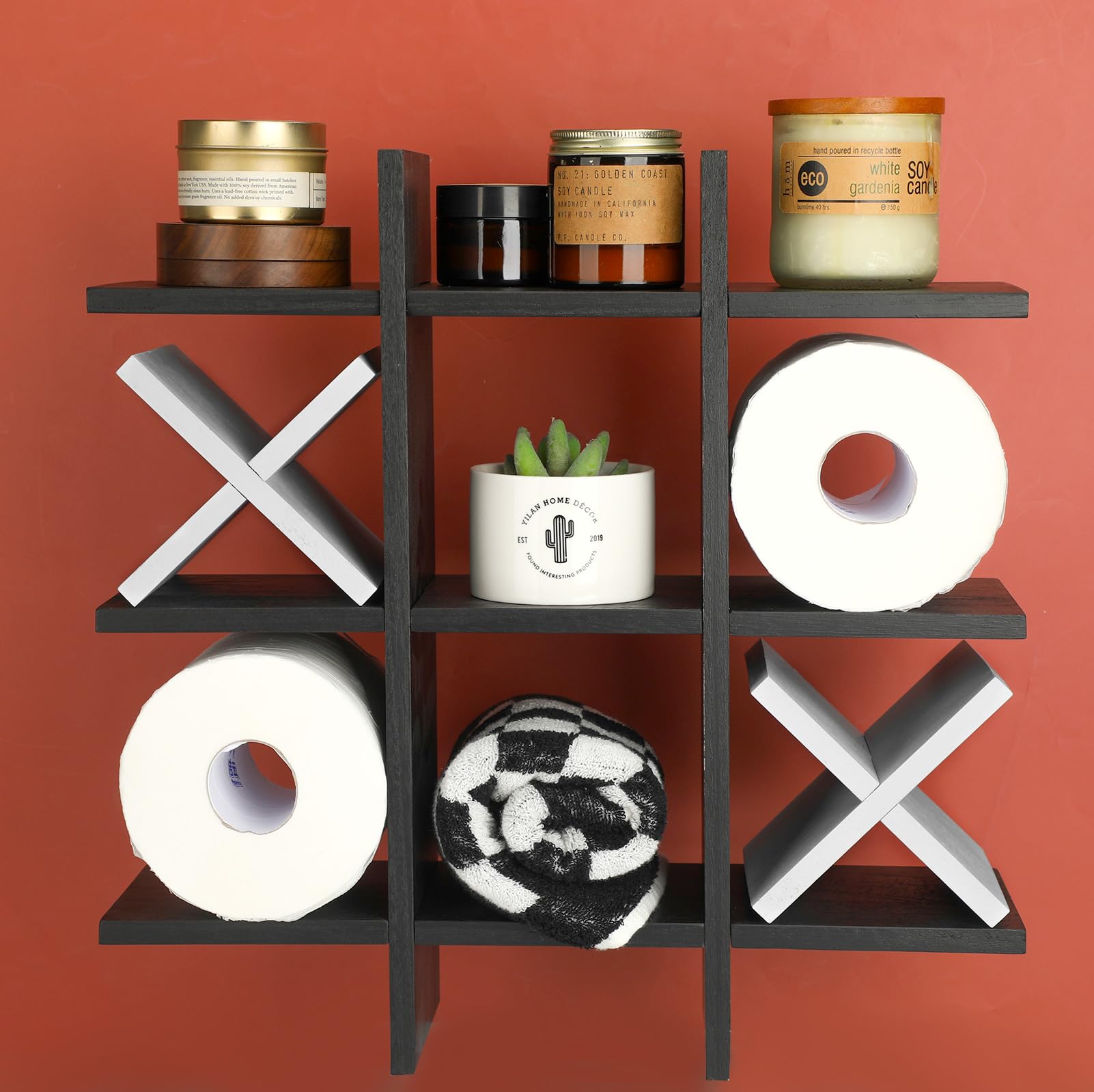 Tic Tac Toe Toilet Paper Holder Stand Bathroom Wall Decor Rustic Wooden Hanging Storage Freestanding Wall Mounted Shelves Decor