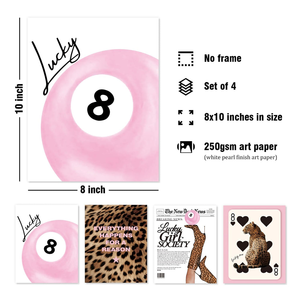 Trendy Leopard Wall Art Prints Set of 4 Funky Lucky 8 Ball Posters Prints Preppy Room Aesthetic Cheetah Wall Decor for Girls Room Dorm Apartment 8x10 Unframed