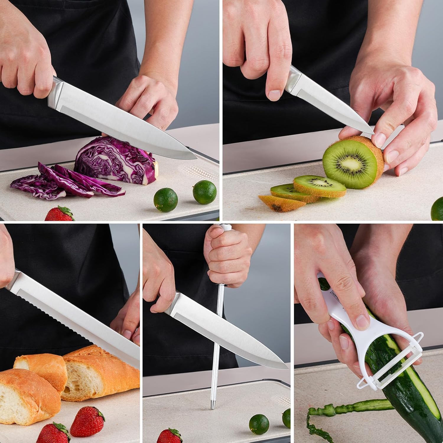 Kitchen Stainless Steel Knife Set, 9-Pieces Sharp Non-Stick Coated Chef Knives Block Set