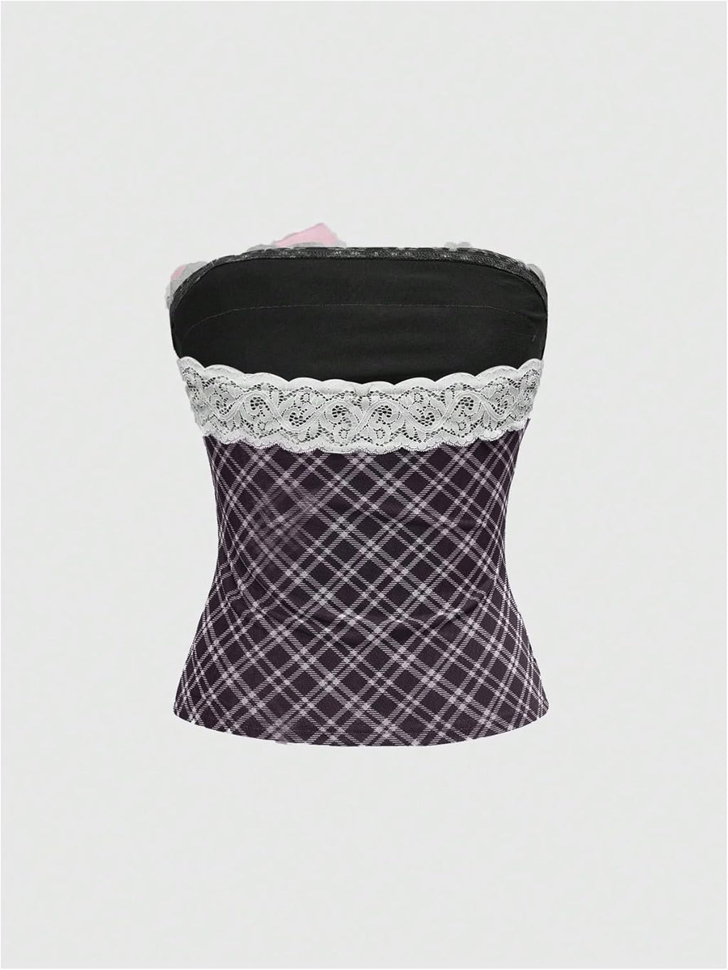 Women's Y2k Bow Plaid Tube Top Strapless Sleeveless Lace Trim Bandeau Crop Tops