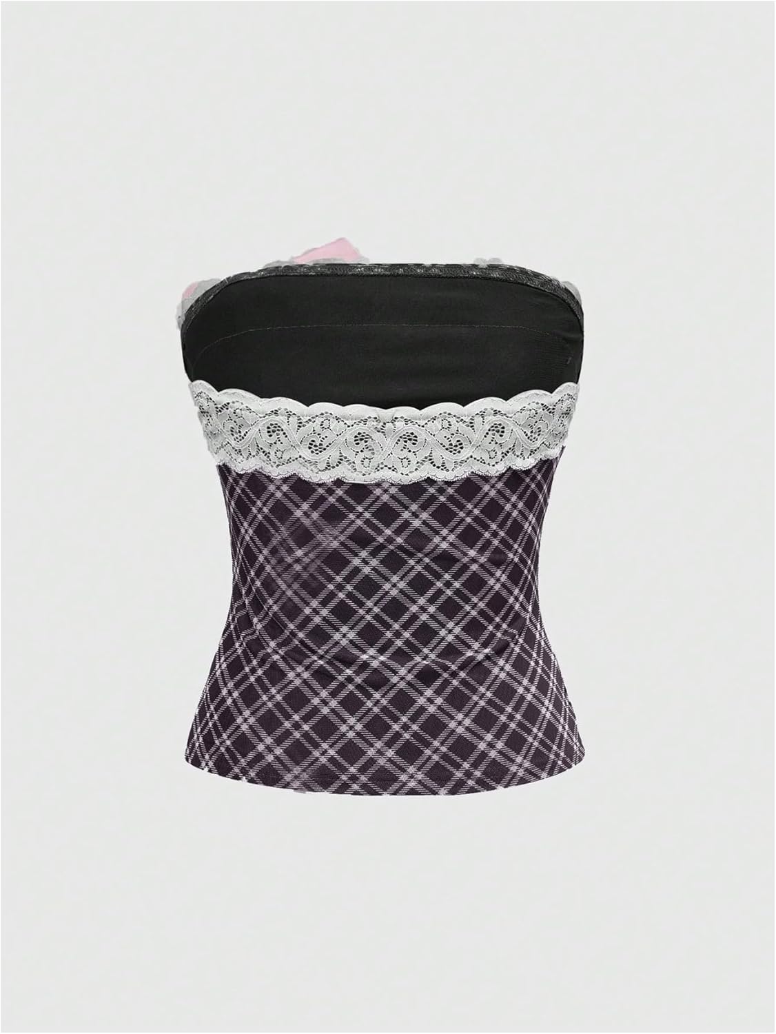 Women's Y2k Bow Plaid Tube Top Strapless Sleeveless Lace Trim Bandeau Crop Tops