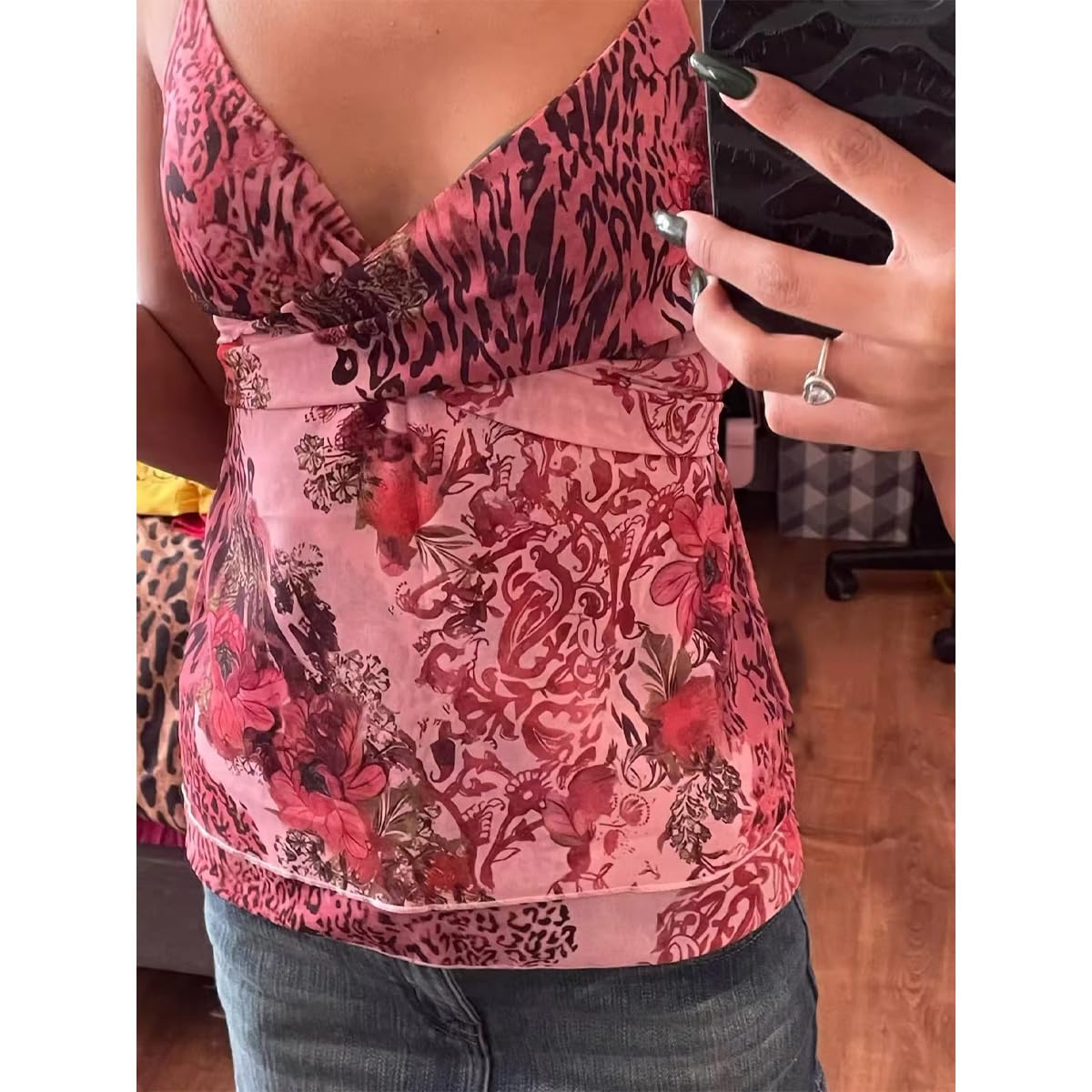 Emo Coquette Cropped Top Grunge 2000s Spaghetti Strap Tops Streetwear Vintage Camisole Y2k Cheetah Tops