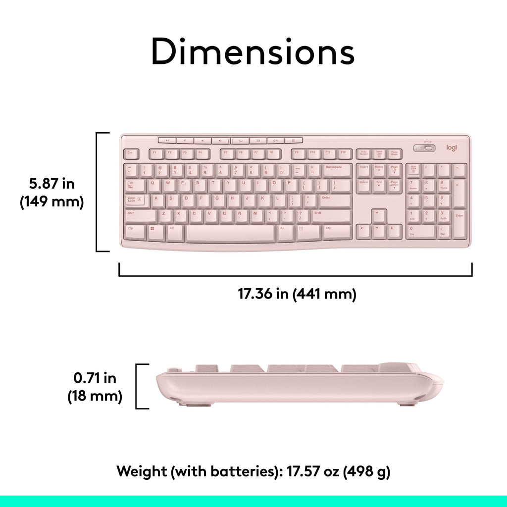 Rose Wireless Keyboard and Mouse Combo â€?2.4 GHz, Compact Mouse, 8 Multimedia Shortcuts, Long-Lasting 2-Year Battery, Compatible with Windows PC & Laptop