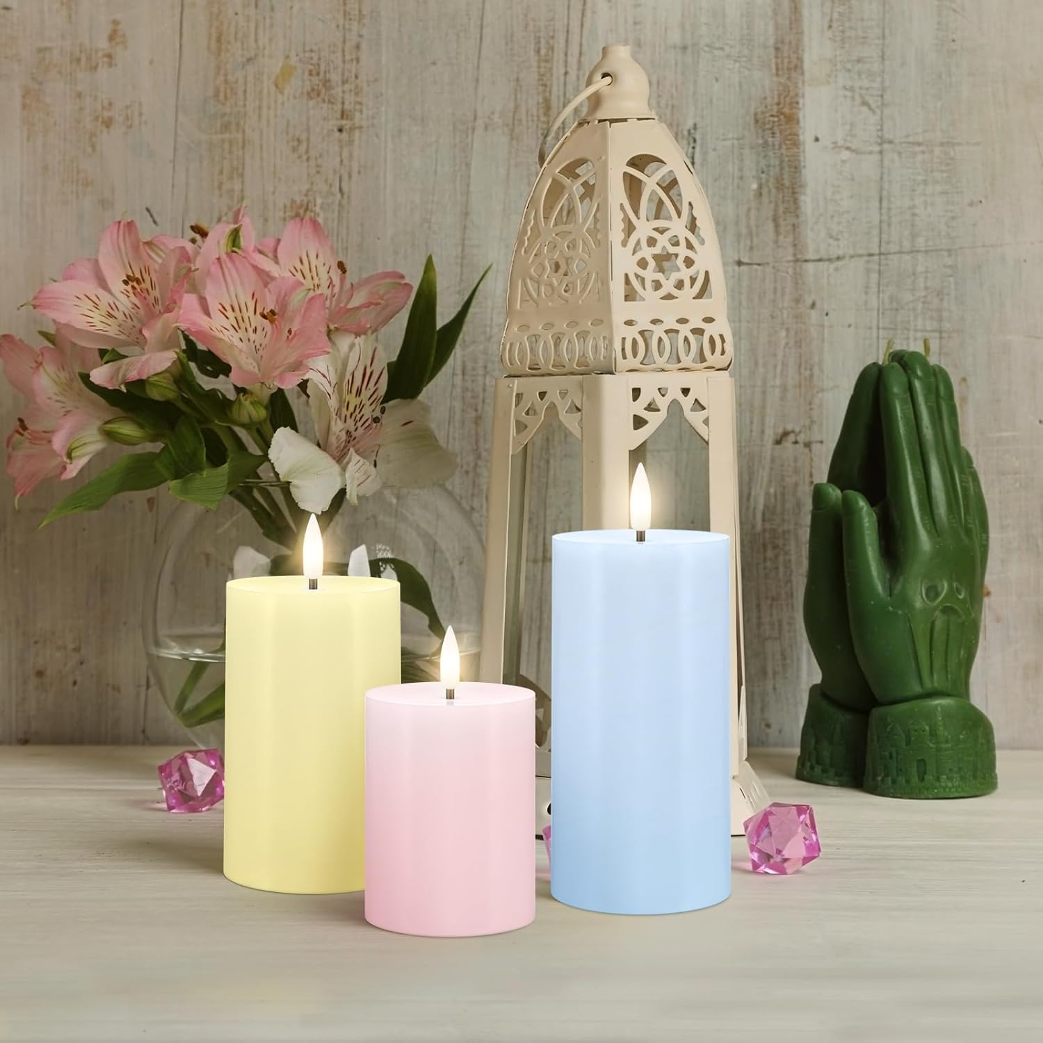 LED Flameless Pillar Candles - Real Wax Multicolor Pastel Fake 3D Battery Operated Candles