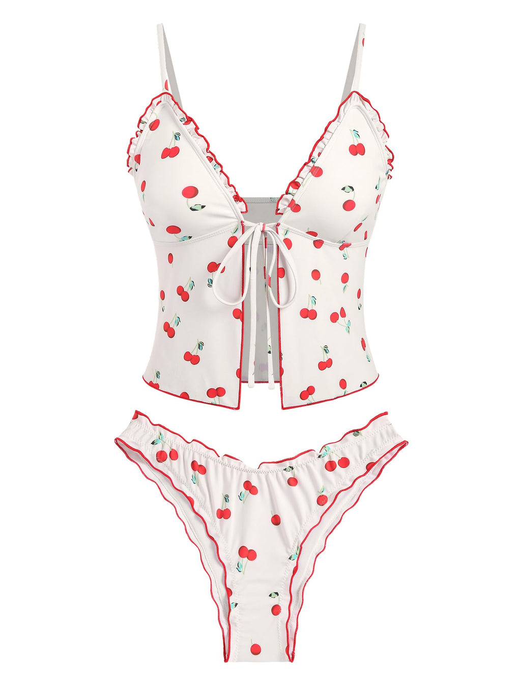 Tankini Swimsuits for Women Smocked Ruffles Tie Front Bowknot Textured High Cut Tanga Tankini Set