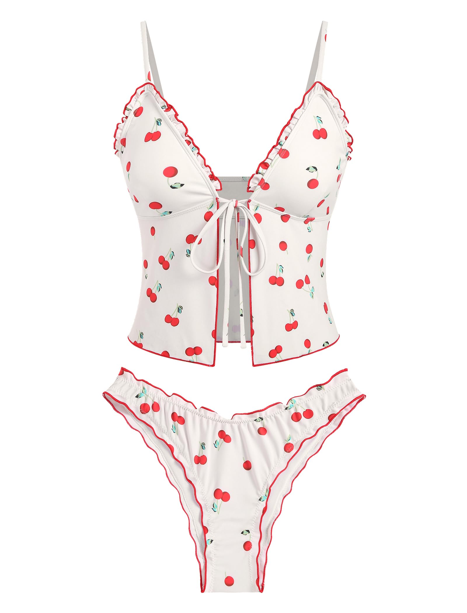 Tankini Swimsuits for Women Smocked Ruffles Tie Front Bowknot Textured High Cut Tanga Tankini Set