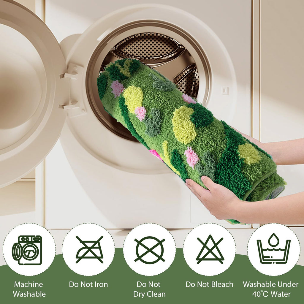 Green Moss Bathroom Rugs Bath Mat Non Slip, Ultra Soft Absorbent Aesthetic Decor Shaggy Tufted Flower Long Bath Rugs