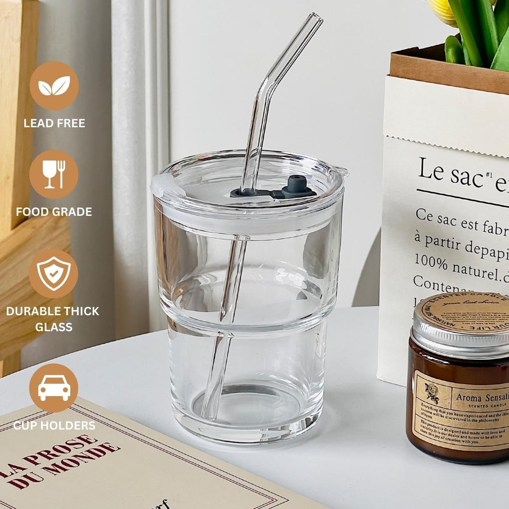 Glass Tumbler with Straw and Lid, Reusable Iced Coffee Cup Tumbler, Cute Glass Cups 13oz