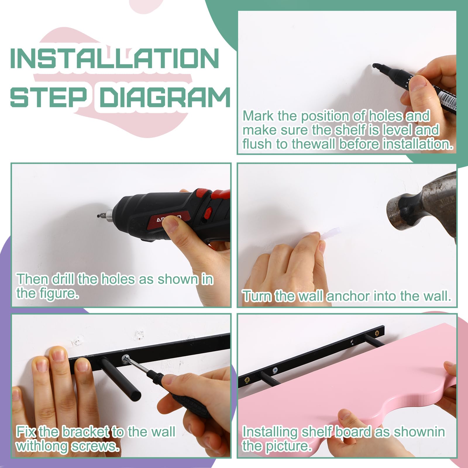 Set of 3 Wavy Cloud Floating Shelves â€?Funky Kawaii Danish Wall Decor for Bedroom & Bathroom (Pink, Green, Purple)