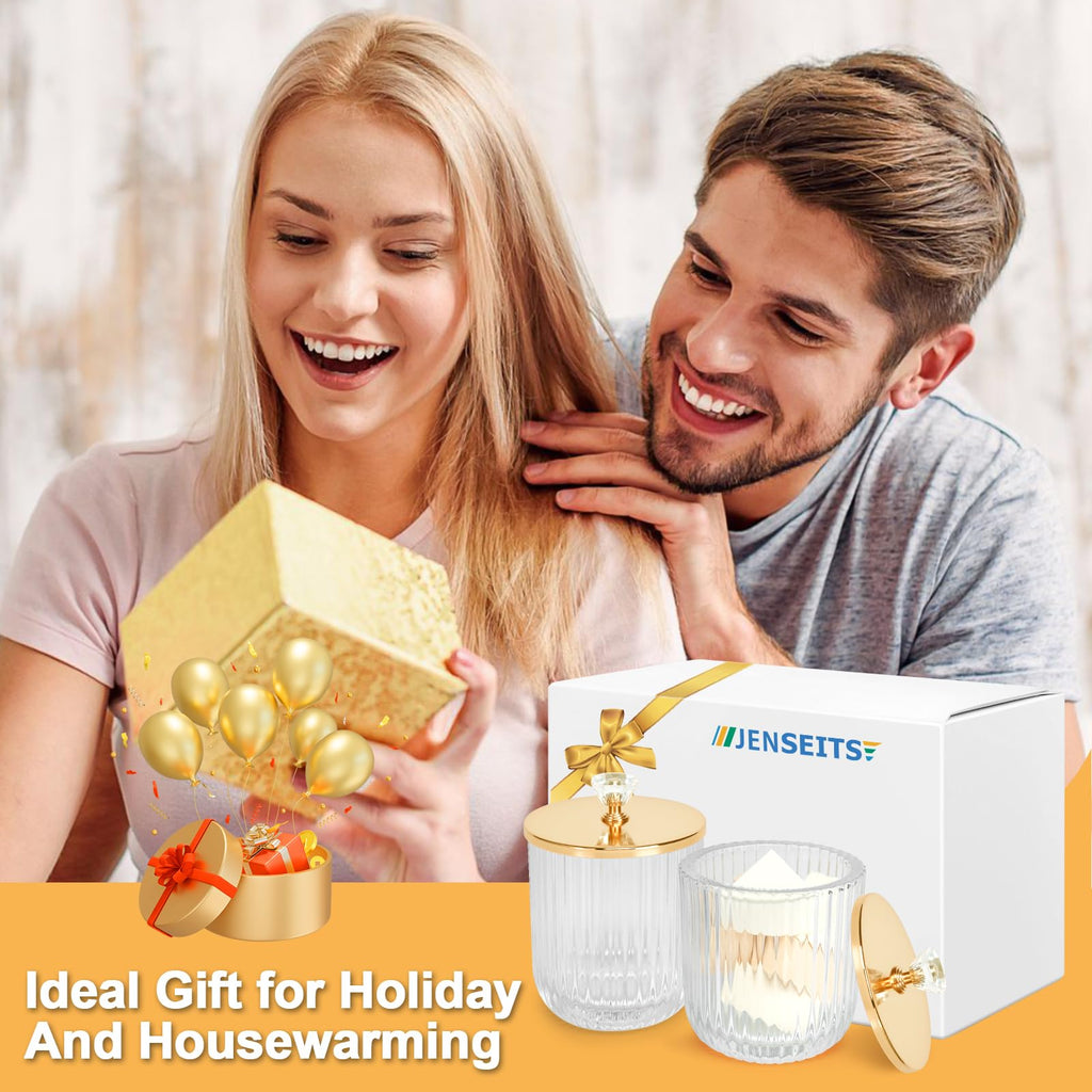 Cute Glass Apothecary Jars with Lid, Pink Cotton Ball Pad Round Container Holders and Vanity Canister Storage Jar for Makeup Sponges, Floss, Hair Accessories 2 Pack