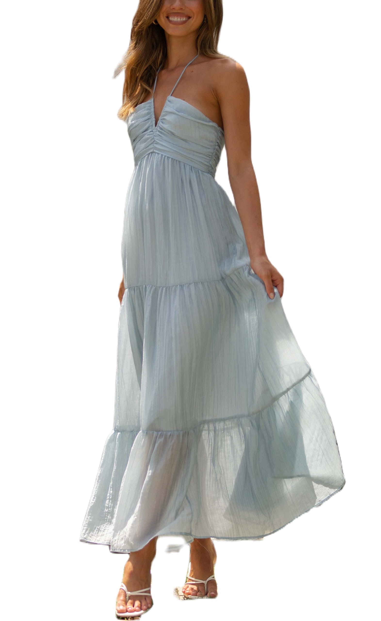 Women Y2k Bodycon Long Dress Spaghetti Strap Low Cut Dress Casual Backless Flowy Maxi Dress Sexy