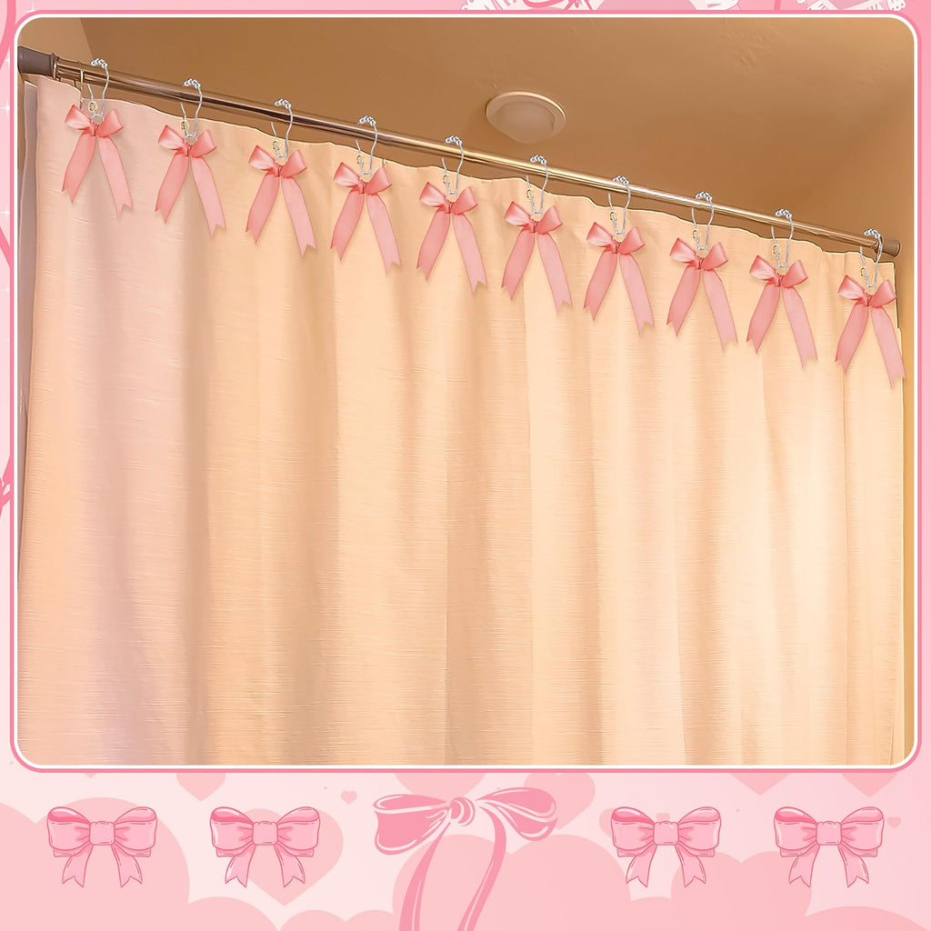 Cute Bow Knot Ribbon Curtain Hooks Decorative Shower Rings Hanger Bathroom Decor Bathroom Accessories 12 Pcs