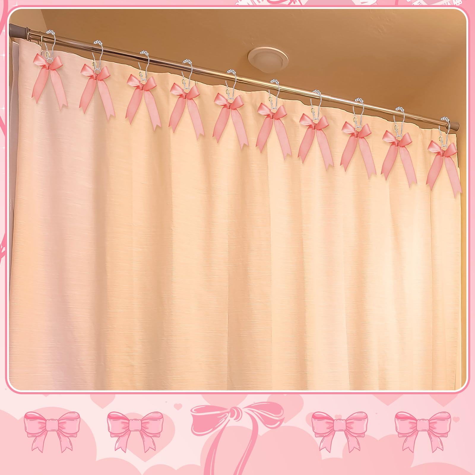 Cute Bow Knot Ribbon Curtain Hooks Decorative Shower Rings Hanger Bathroom Decor Bathroom Accessories 12 Pcs