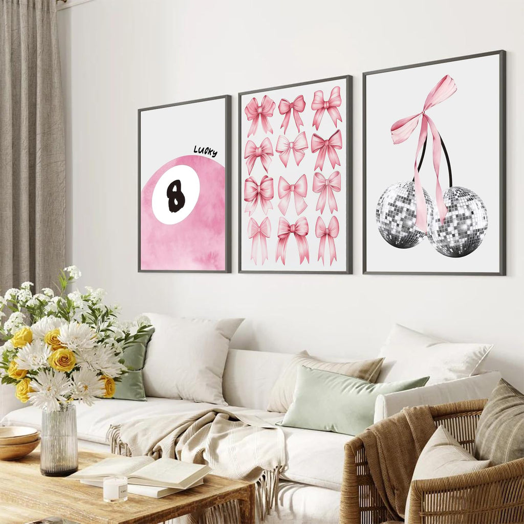 Trendy Blue Wall Art Set of 3, Preppy Navy Blue Wall Decor, Coquette Disco Lucky Me 8 Ball Poster Canvas Prints Aesthetic Pictures Room Dorm