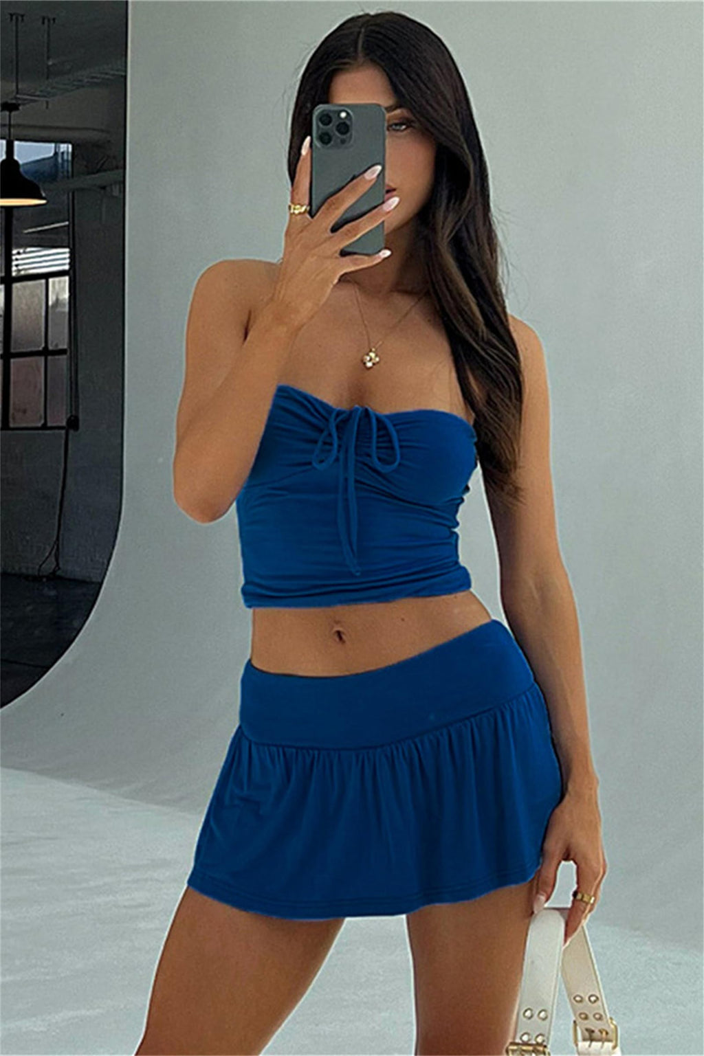 Women Sexy Summer 2 Piece Sets Drawstring Ruched Crop Tube Top Low Rise Ruffle Mini Skirts Sets Y2k Outfits