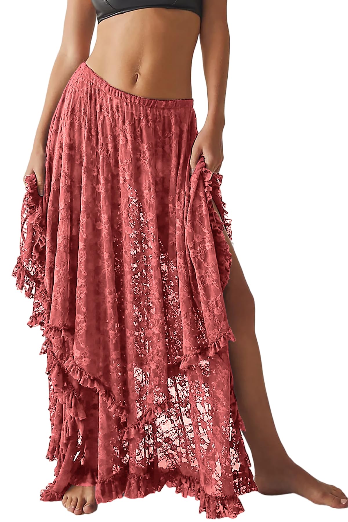 Women Lace Long Skirts Summer Elastic Asymmetrical Layered Hem Sexy See-Through Beach Floral Maxi Skirts