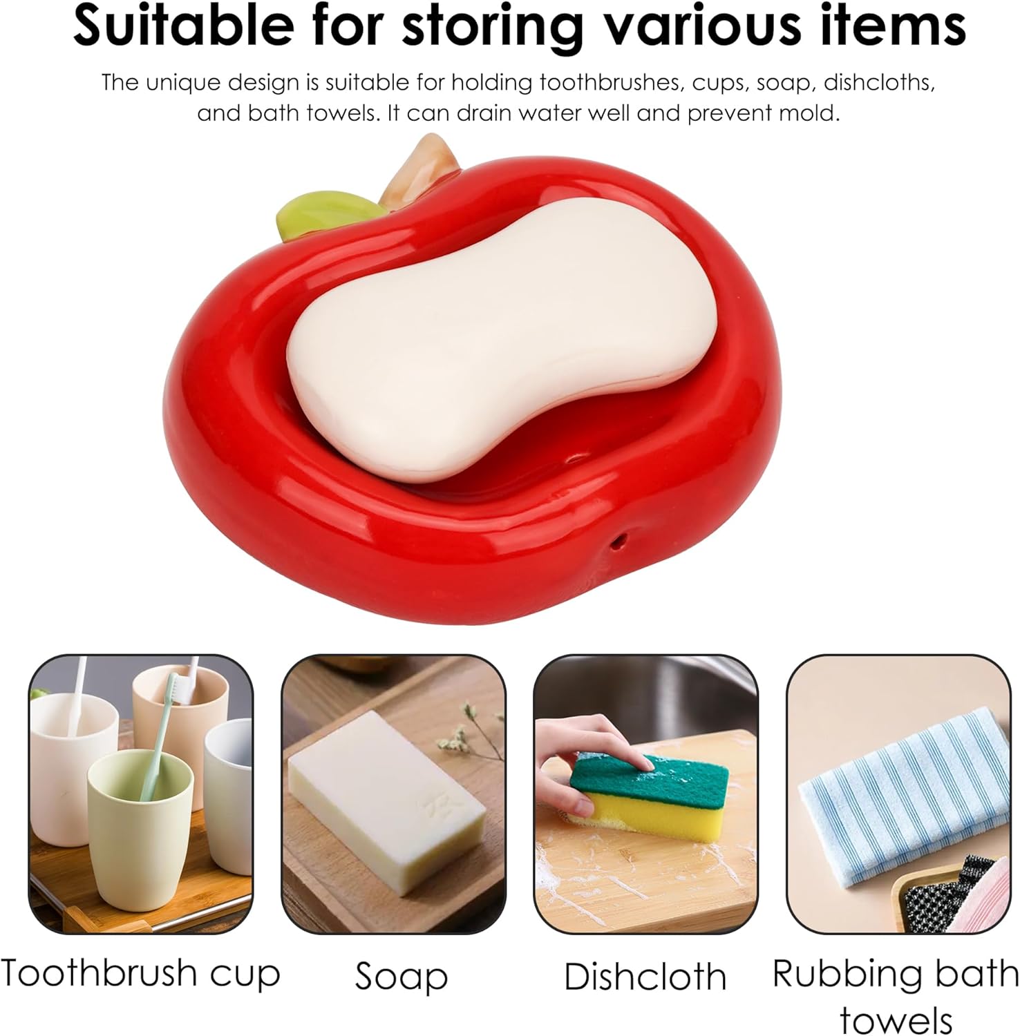 Red Apple Shaped Ceramic Soap Dish, Cute Soap Holder with Drainage Holes, No Lid Sink Side Soap Tray for Bathroom & Kitchen Countertop