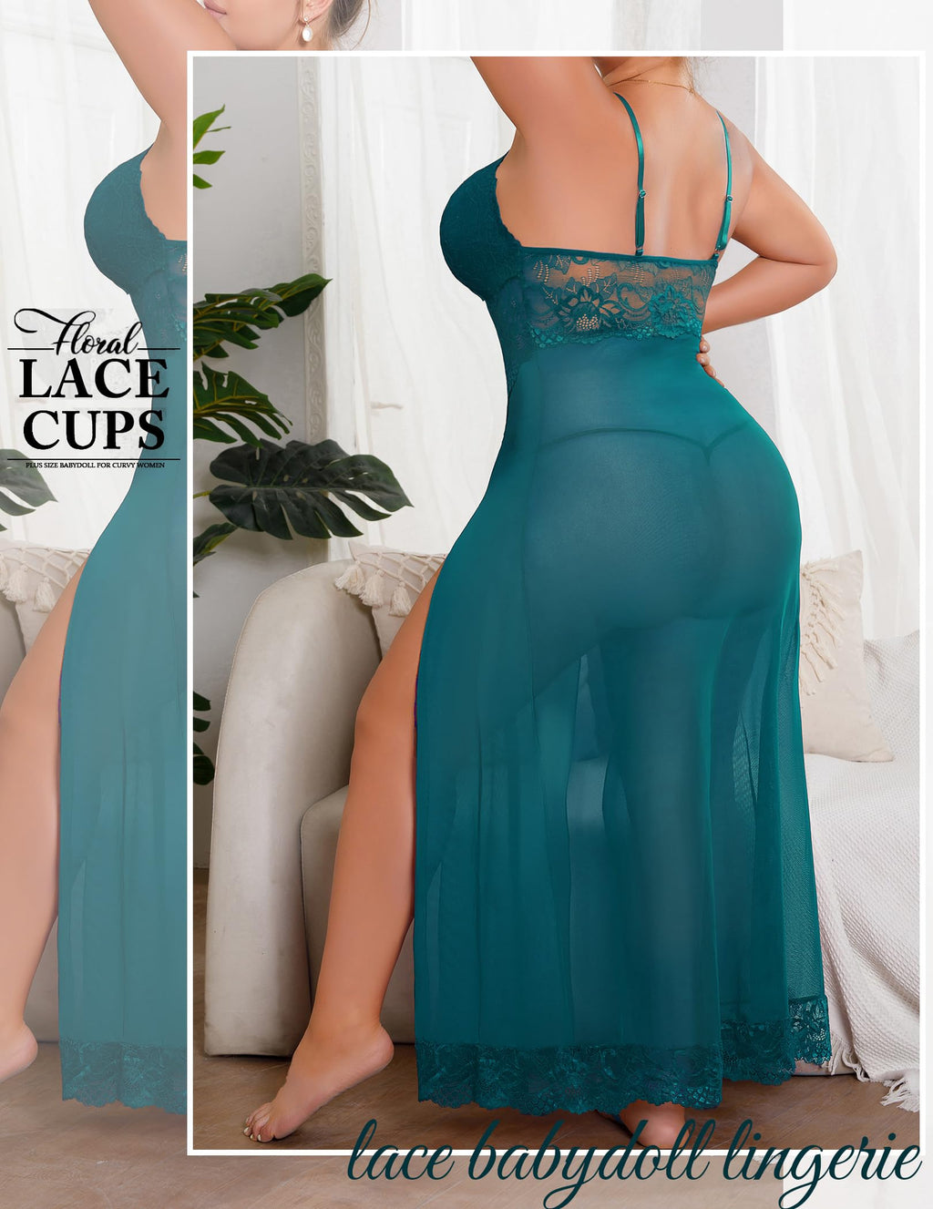 Plus Size Lingerie For Women Babydoll Sexy Mesh Maxi Nightdress Exotic Sleepwear Side Slits
