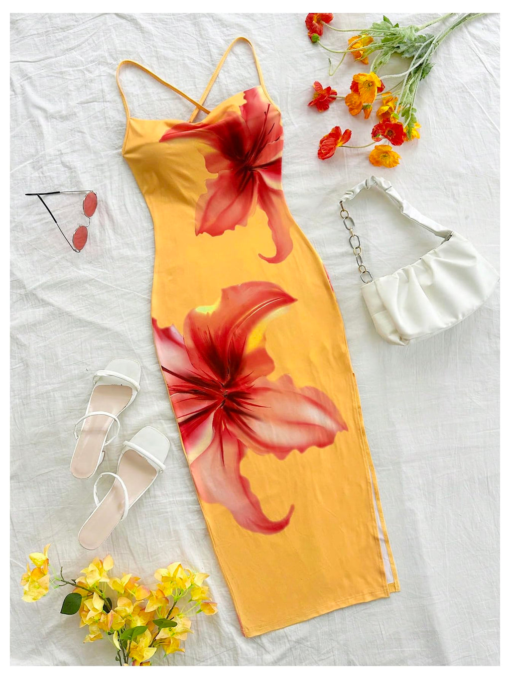 Women's Floral Print Split Thigh Bodycon Dress Criss Cross Skinny Long Cami Dresses