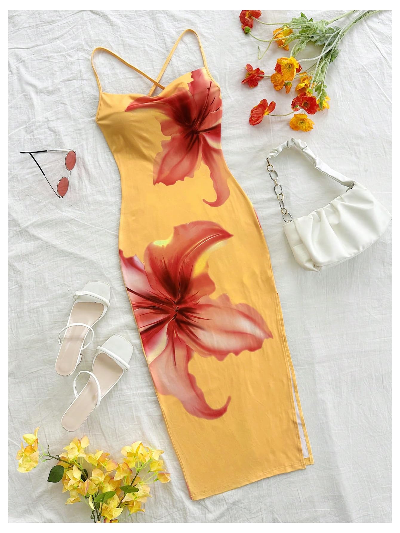 Women's Floral Print Split Thigh Bodycon Dress Criss Cross Skinny Long Cami Dresses