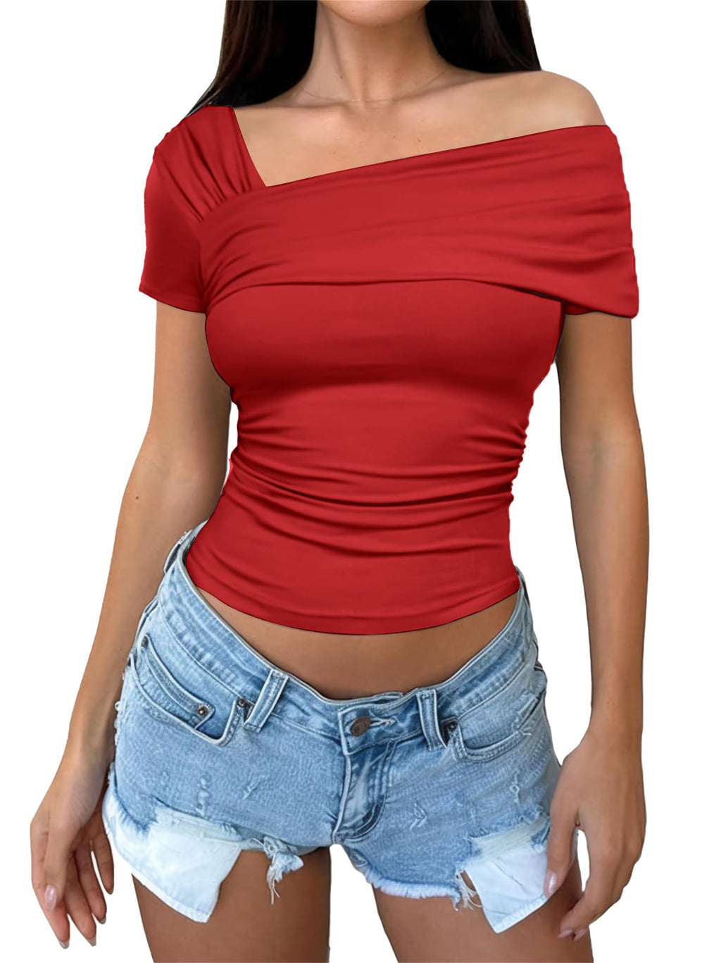 Women's One Off The Shoulder Top - Short Sleeve Ruched Going Out Crop Top Slim Fit Y2K T Shirt