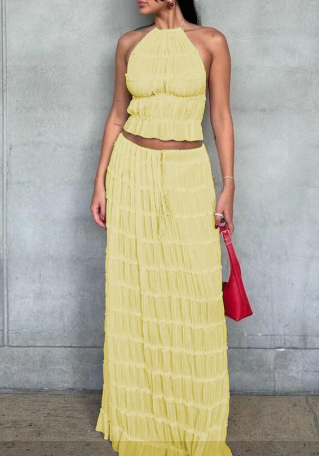 Skirt Sets Women 2 Piece Outfits Backless Halter Top And Pleated Ruffle Flowy Maxi Skirts Y2k Beach Vacation Set