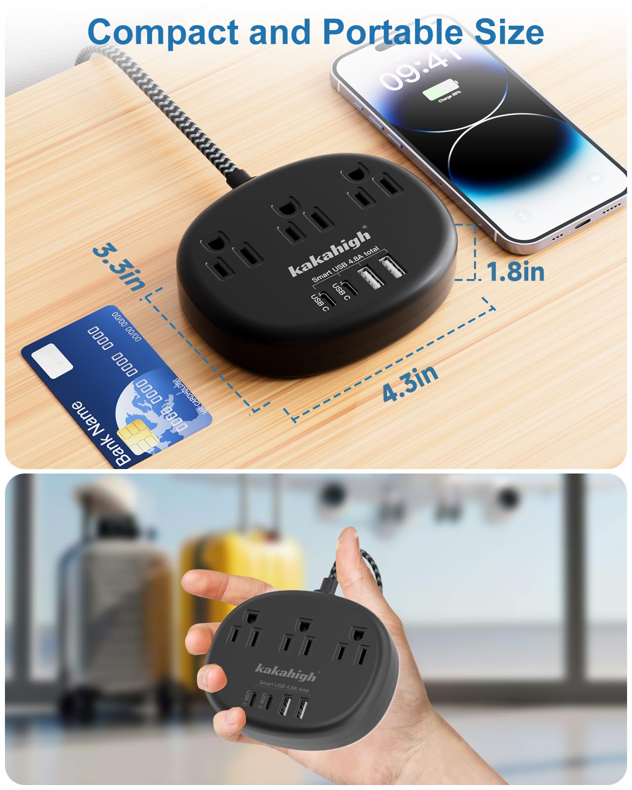 Cute Surge Protector â€?5FT Flat Extension Cord, 3 Outlets, 4 USB Ports (24W)