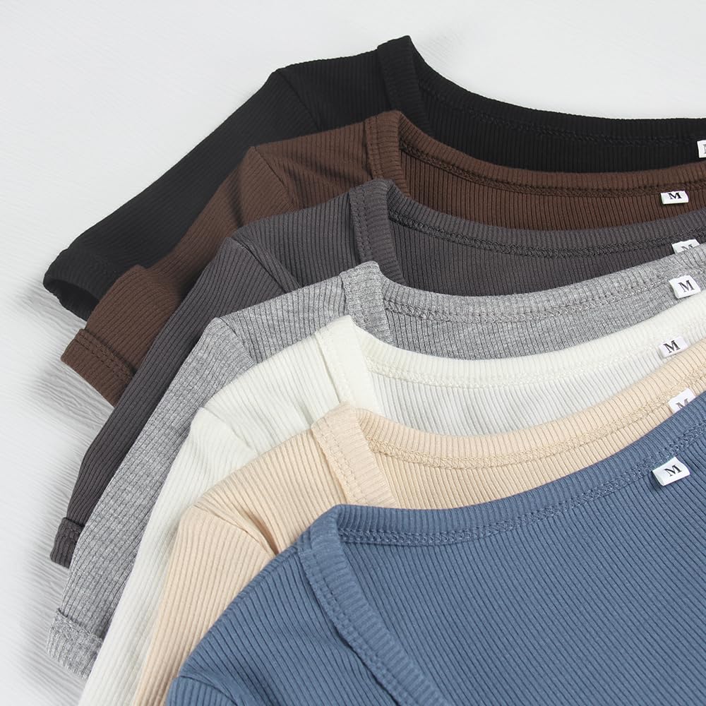 Women's Short Sleeve T-Shirts Form Fitting Ribbed Knit V Notch Scoop Neck Basic Crop Top