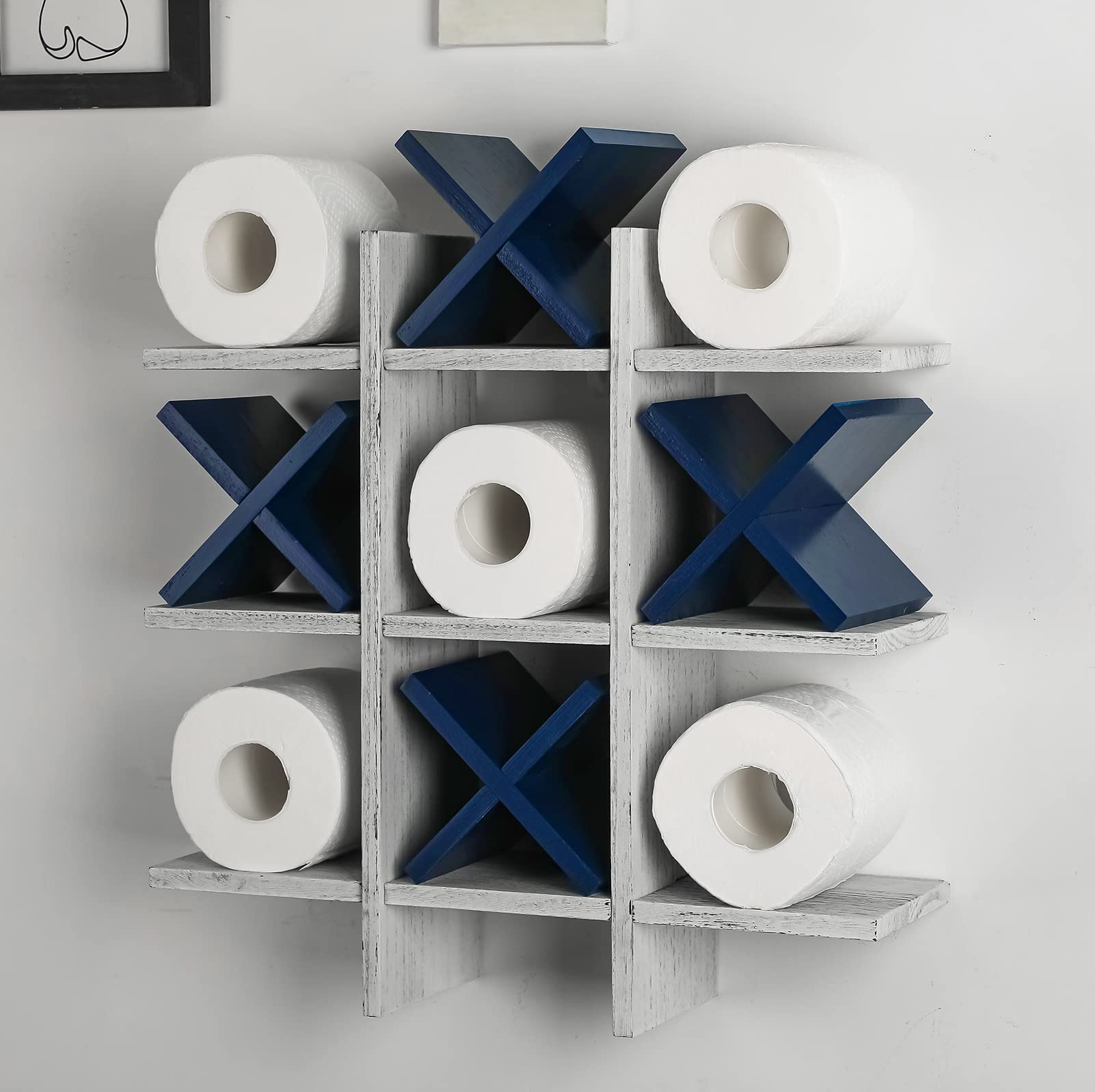Tic Tac Toe Toilet Paper Holder Stand Bathroom Wall Decor Rustic Wooden Hanging Storage Freestanding Wall Mounted Shelves Decor