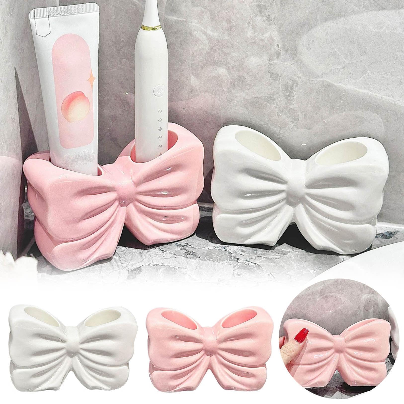 Ceramic Bowtie Toothbrush Holder - Cute 2 Slots Toothbrush Holder Accessories for Bathroom Bow Decor Portable Quick Dry