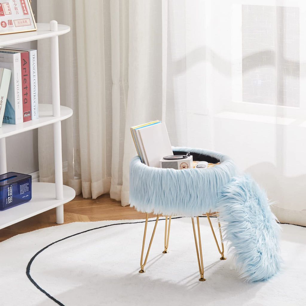 Faux Fur Storage Ottoman Round Furry Vanity Stool Marble Grain Tray Coffee Table Compact Footrest Stool with 4 Metal Legs Soft Makeup Seat Foot Stools for Living Room Bedroom Entryway