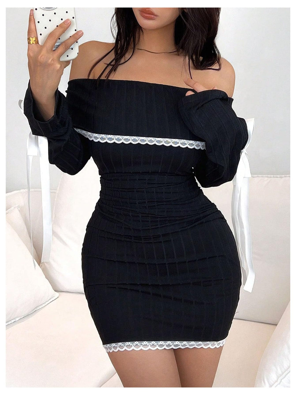 Women's Bodycon Mini Dress Off The Shoulder Lace Trim Bow Long Sleeve Ruched Y2k Dresses