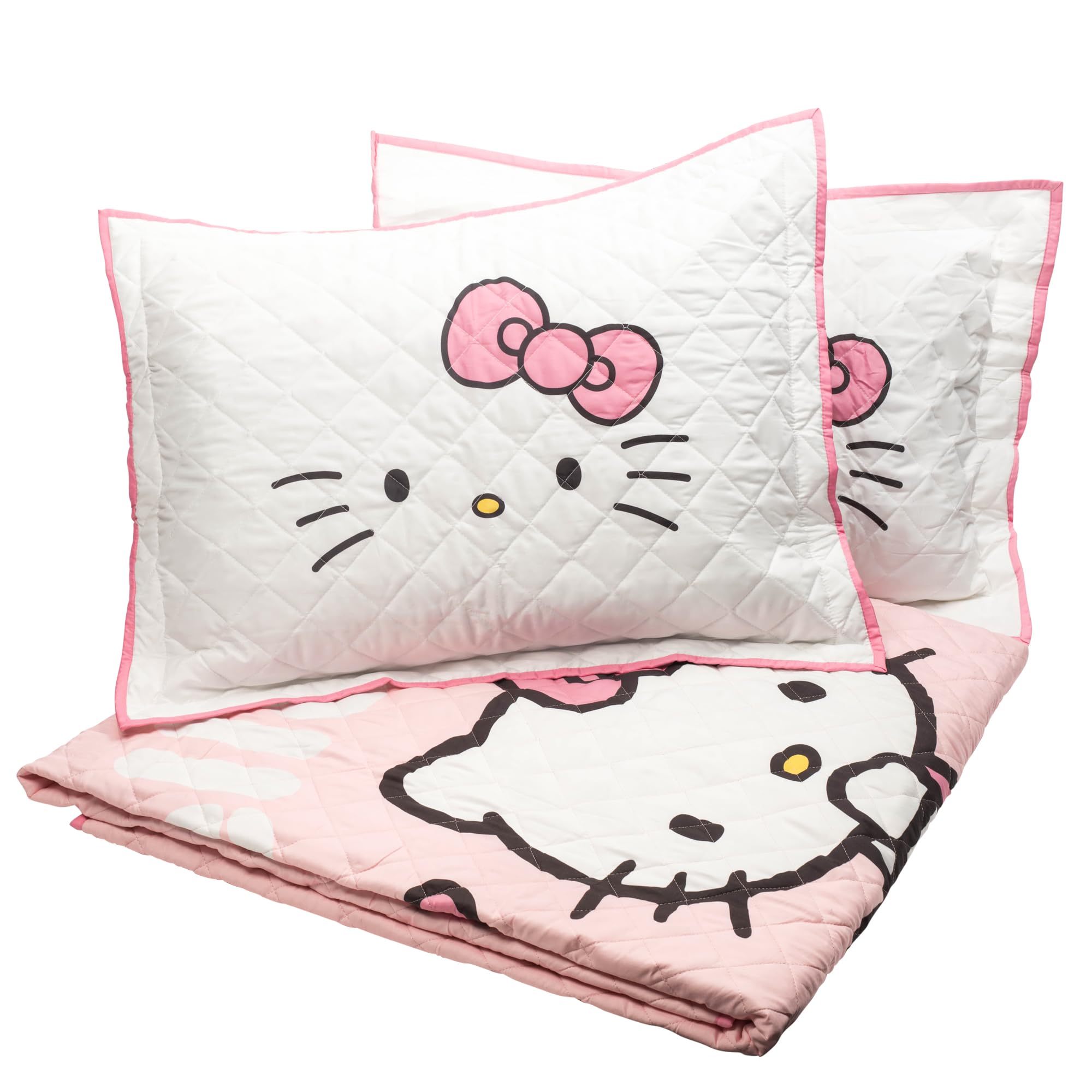 Hello Kitty Pink Stripes & Hearts Quilt & Sham Set - Super Soft Lightweight Bedspread Set