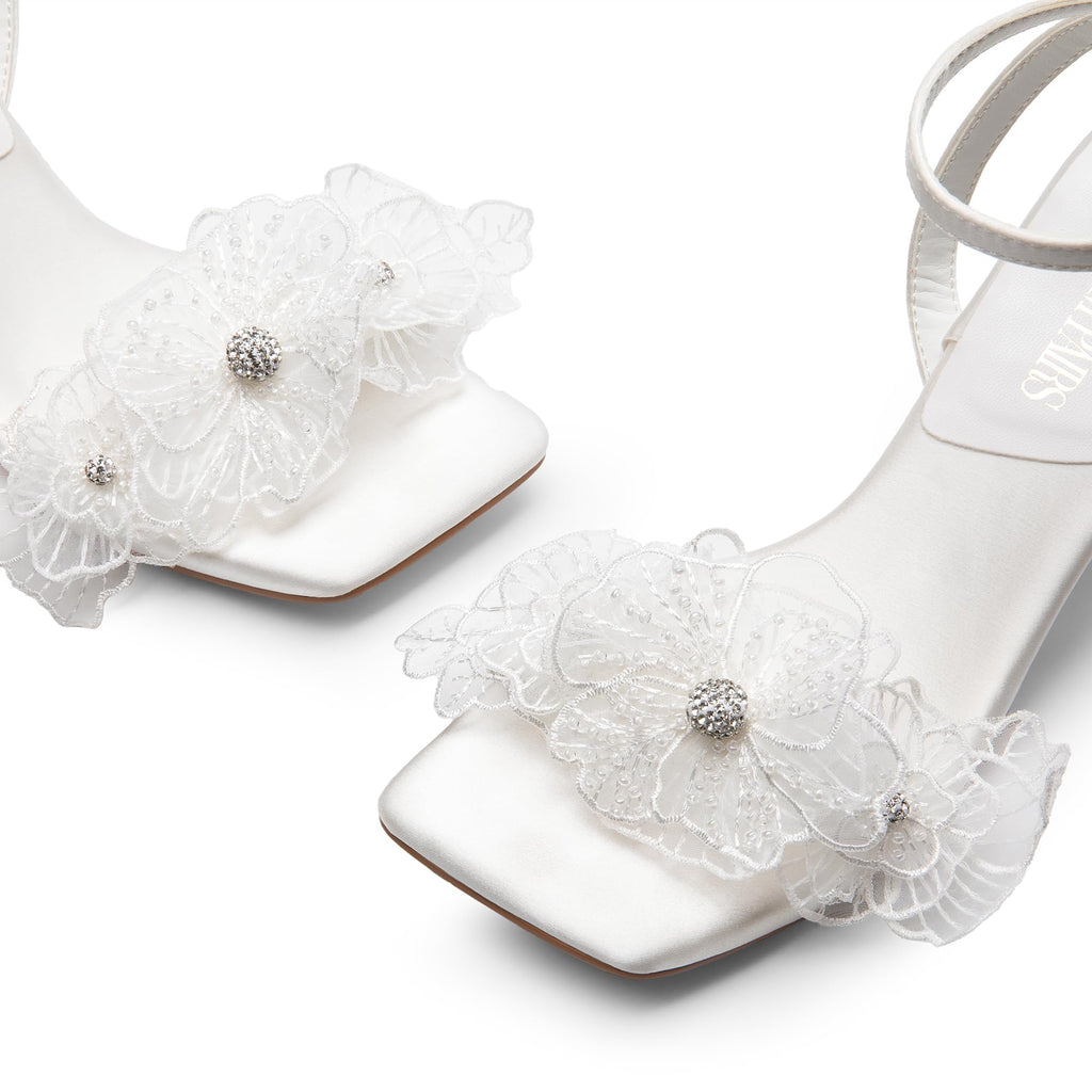 Women's Flower Wedding Heels Cute Square Toe Slingback Low Kitten Heels Sandals with Ankle Strap