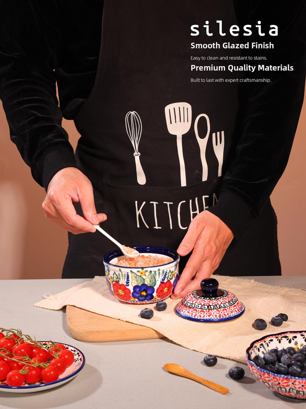 Handmade Sugar Bowl with Lid and Spoon, 10 Ounce Ceramic Hand-Painted Sugar Jar for Kitchen Oven, Dishwasher & Microwave Safe, Glazed