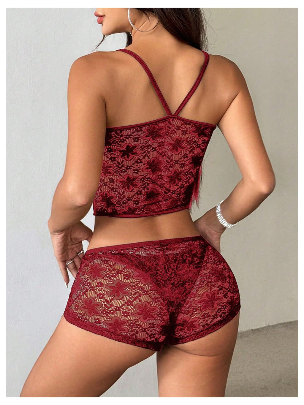 Women's Floral Lace 2 Piece Outfits Tie Front Crop Cami Top with Mini Shorts