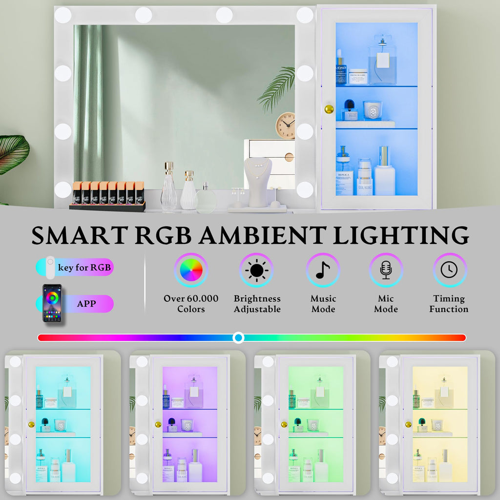 Fluted Vanity Desk with Mirror and Lights, 45" Glass Top Makeup Table Set with 5 Drawers, Power Outlet & Storage Cabinet, Large Dressing Table with RGB Ambient Light