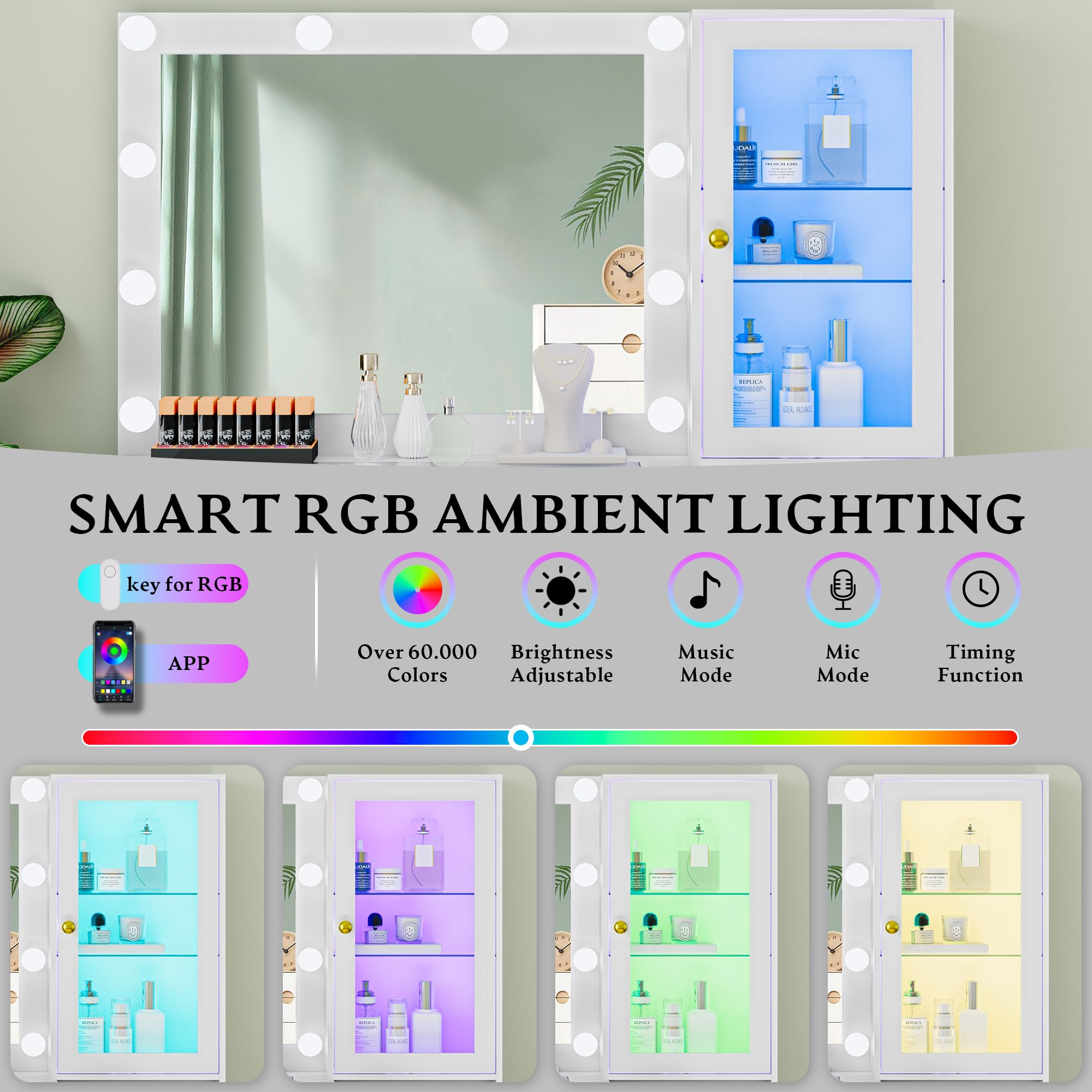 Fluted Vanity Desk with Mirror and Lights, 45" Glass Top Makeup Table Set with 5 Drawers, Power Outlet & Storage Cabinet, Large Dressing Table with RGB Ambient Light