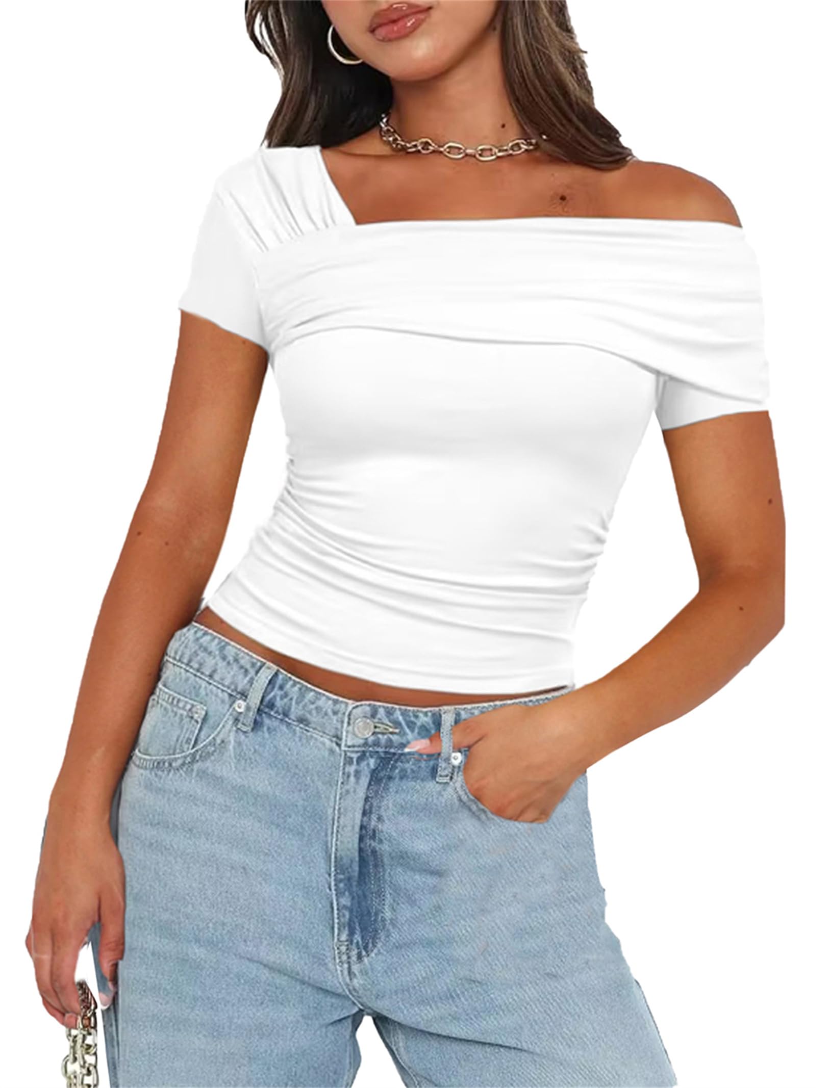 Women's One Off The Shoulder Top - Short Sleeve Ruched Going Out Crop Top Slim Fit Y2K T Shirt
