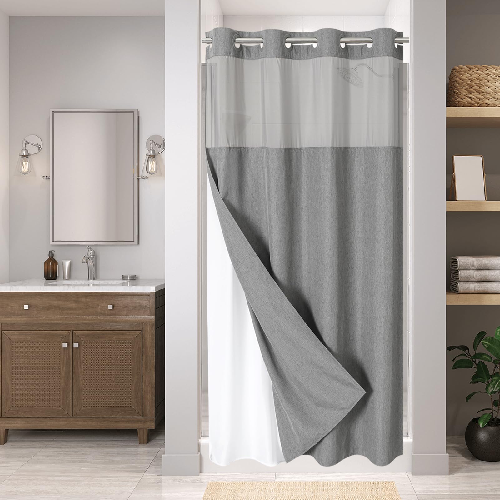 No Hooks Needed Linen Textured Shower Curtain with Snap-in Fabric Liner Set, Luxury Decor Shower Curtains for Bathroom with Mesh Top Window, Waterproof & Washable