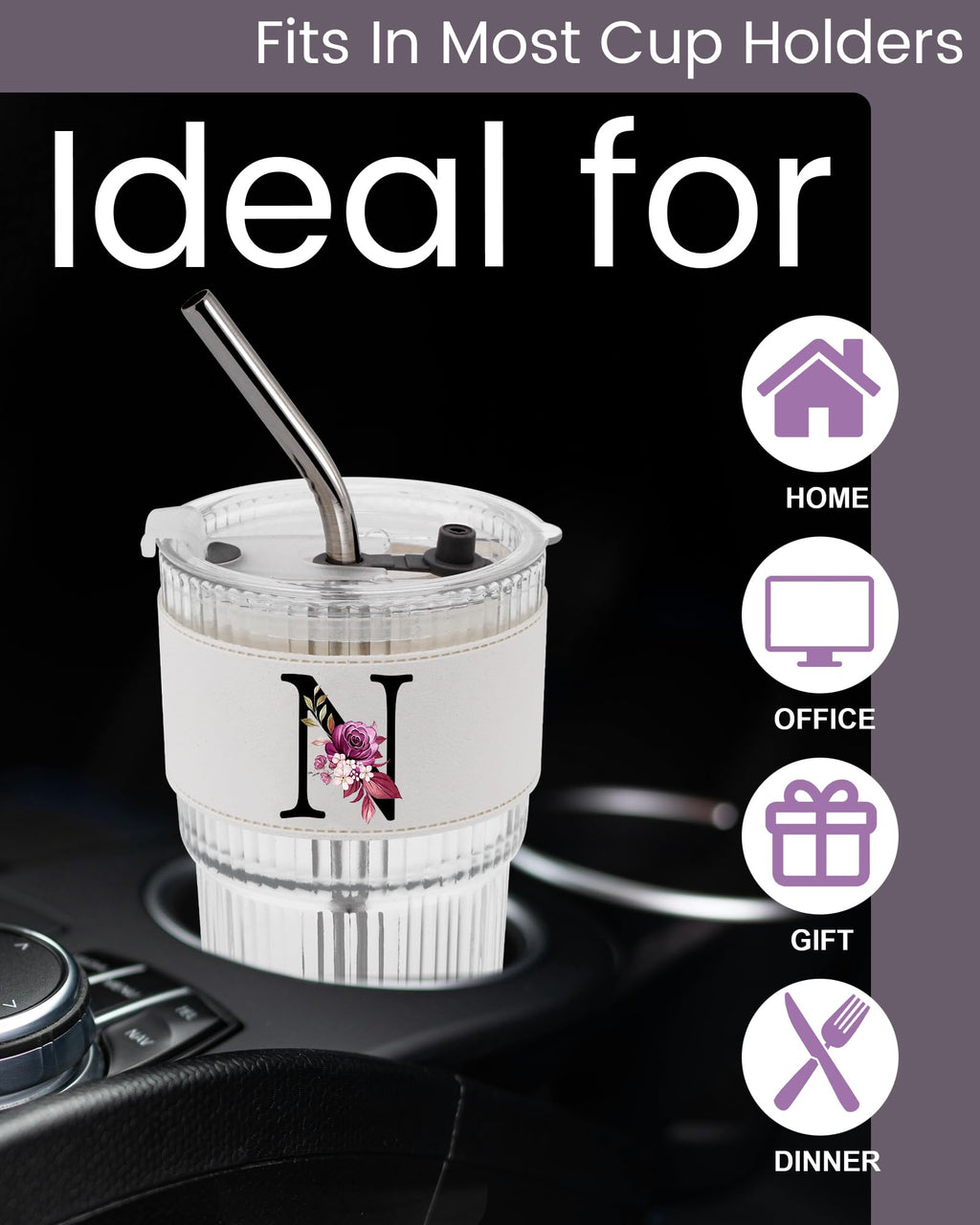 Initial Glass Cup with Lid Straw Ribbed Ice Tea Clear Tumbler Her Sister Coffee Matcha Latte Girlfriend Gf Aunt Best Friend Friendship Bestie Wife Cute Asthetic Unique Birthday Personalized Gift K