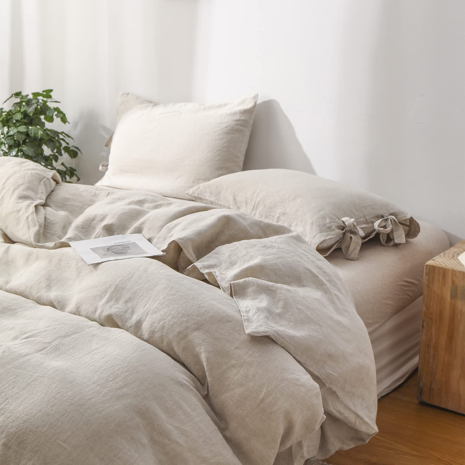 The 100% Linen Duvet Cover Set, 3 Pieces Belgian Flax Breathable Bedding,(1 Comforter Cover+2 Pillowshams) with Tie Closure Style