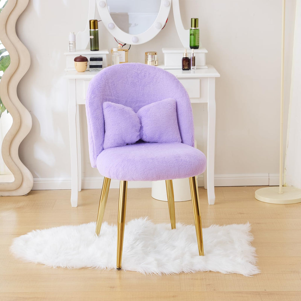 Cute, non-wheeled desk chair with backrest, fluffy cushion, cozy makeup chair with adjustable golden legs