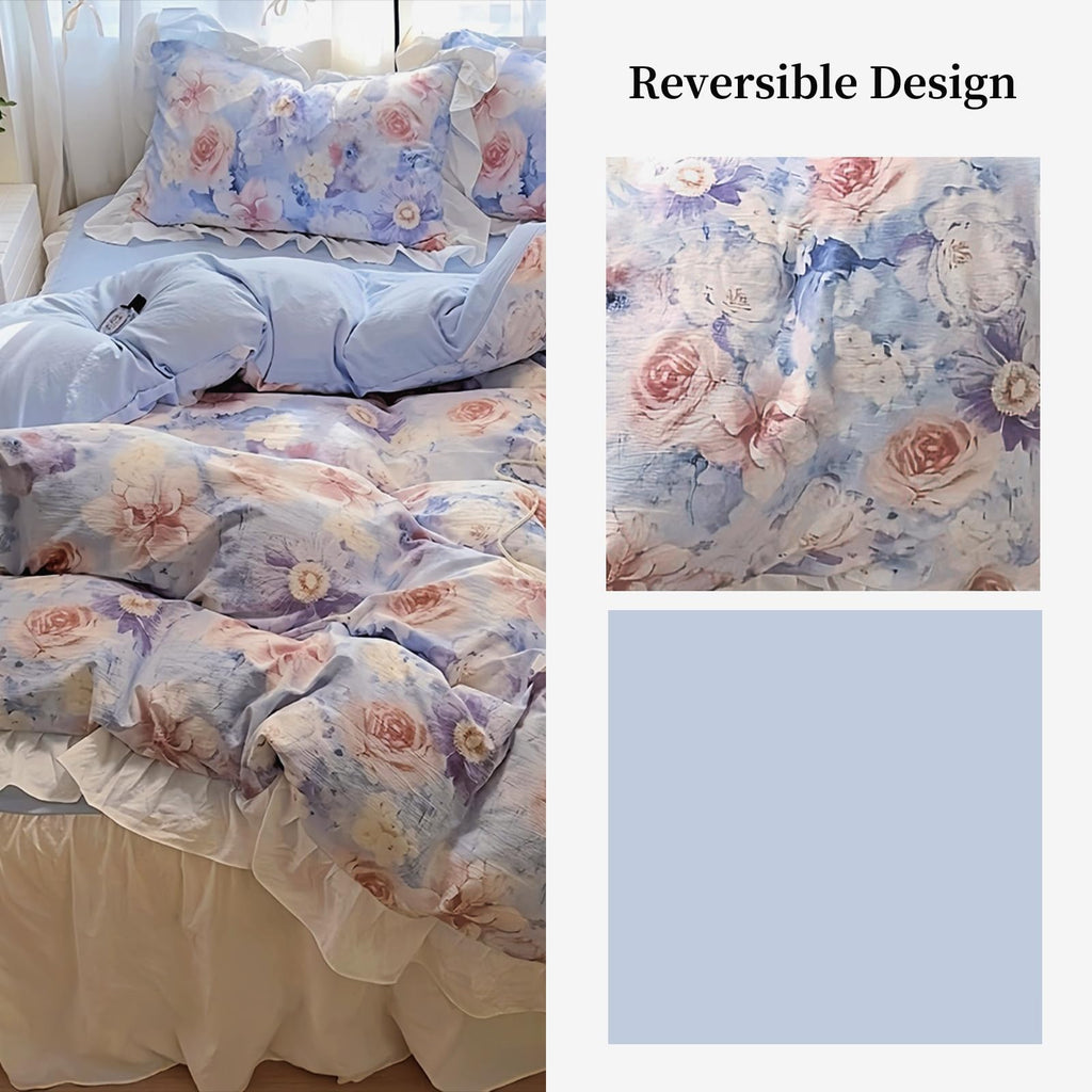 Duvet Cover 4pcs - Cotton Ultra Soft Ruffle Bedding Set includ 1 Duvet Cover with Zipper Ties,1 Fitted Sheet with Bed Skirt, 2 lace Pillow Shams for All Season